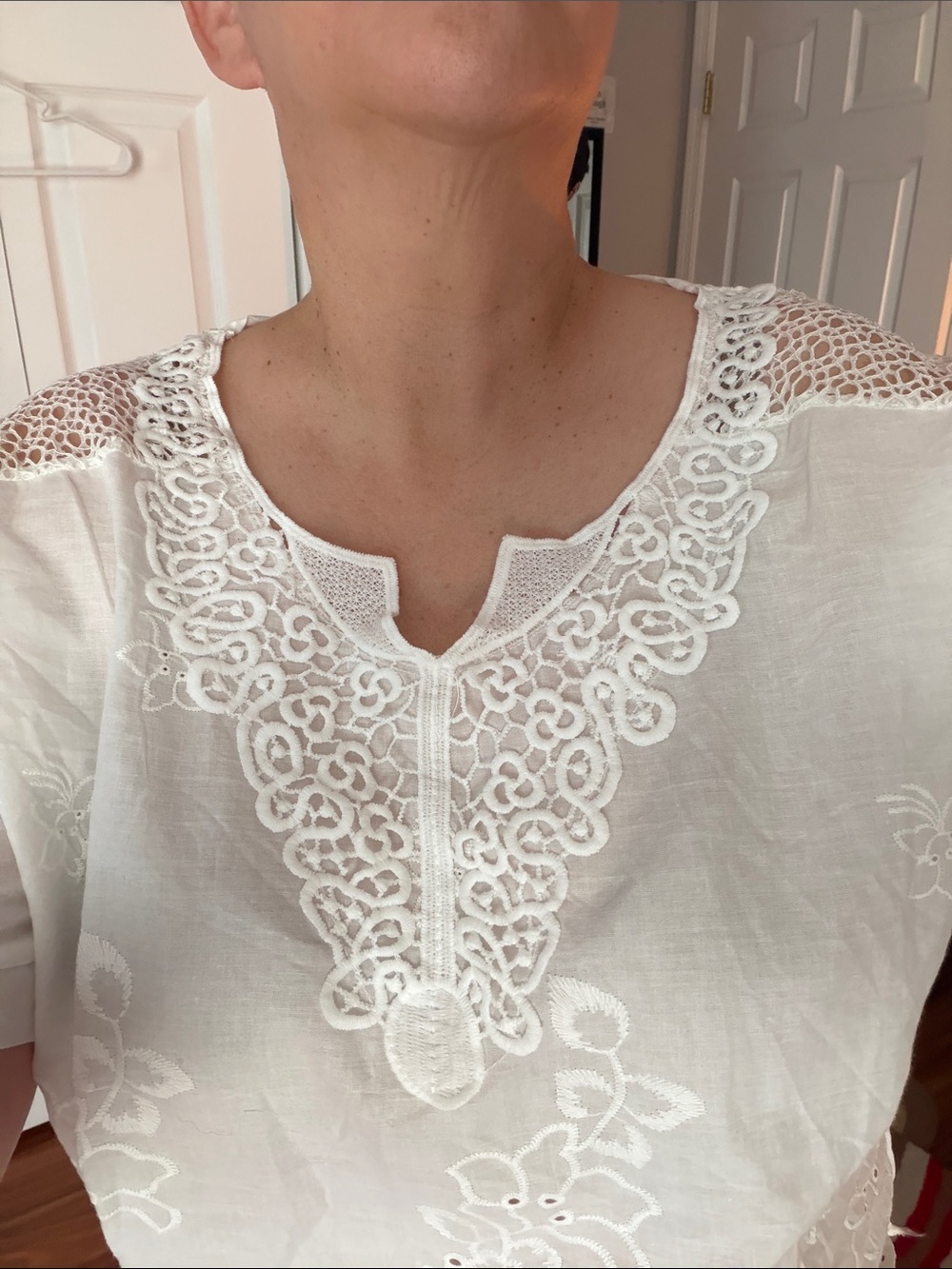 Women's White Embroidered Crochet Yoke Top - Picture 6 of 6